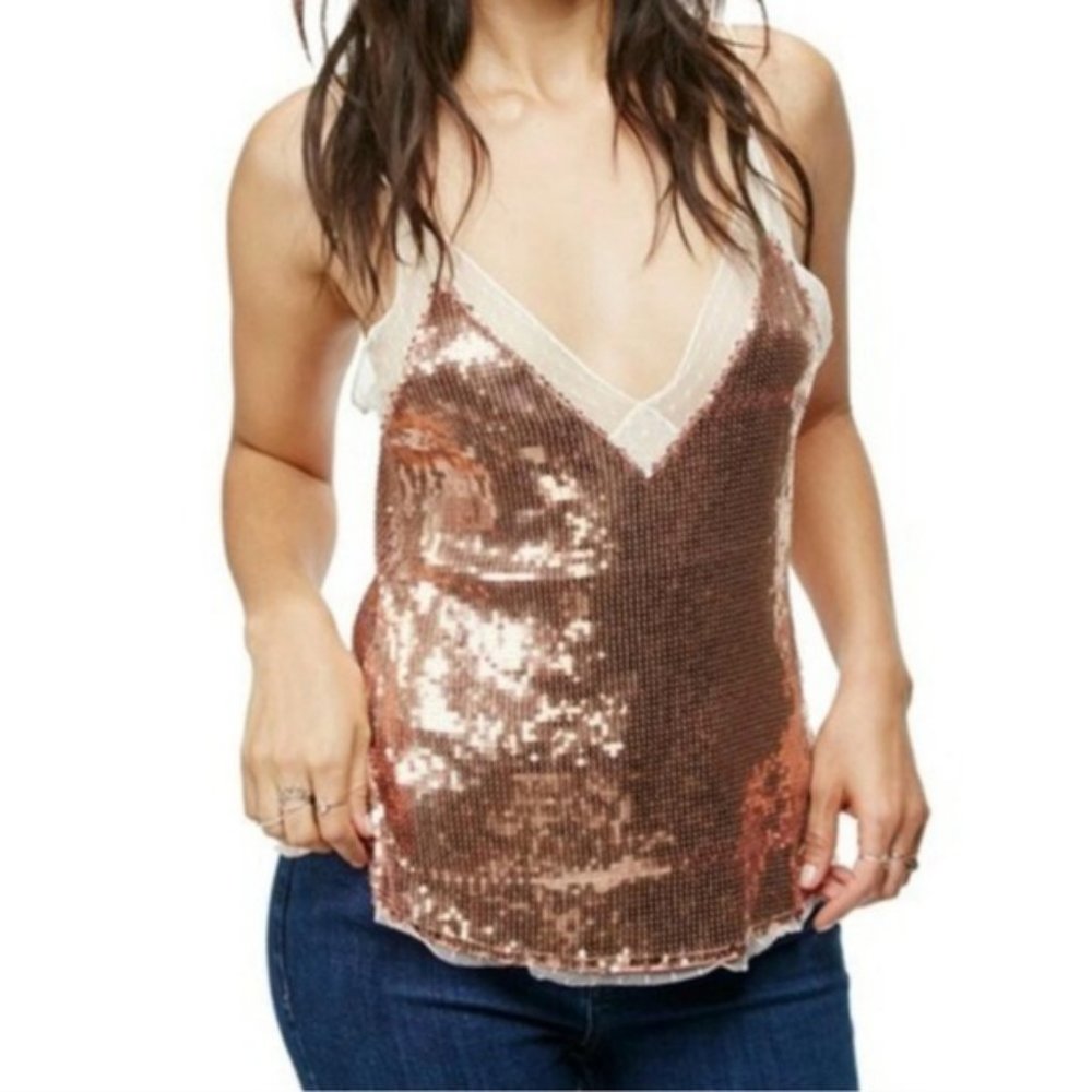 Free People Sassy Sequins Cami Tank Top Rose Gold